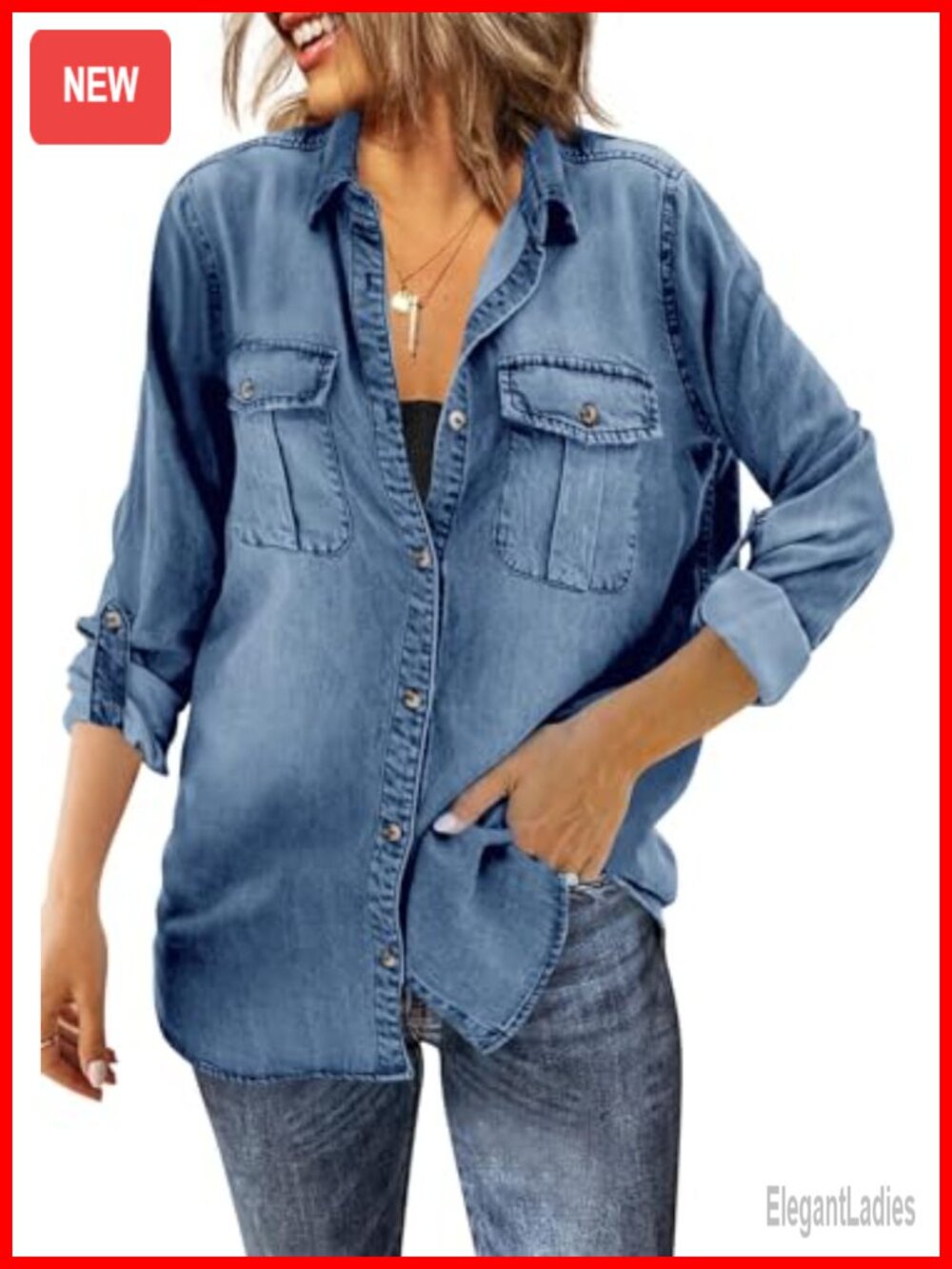 Oversized Button Down Denim Shirt Long Sleeve Tunic Jean Jacket